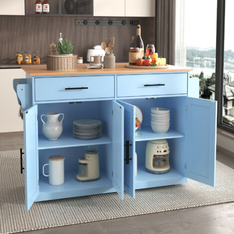 Carrello da cucina con ruote 120x46(70)x91 cm, piano ribaltabile piedi in legno intercambiabili, blu