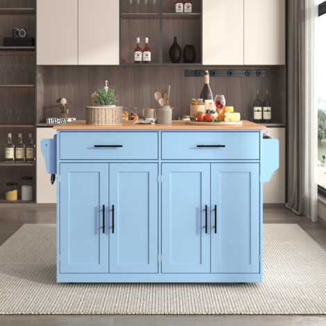 Carrello da cucina con ruote 120x46(70)x91 cm, piano ribaltabile piedi in legno intercambiabili, blu