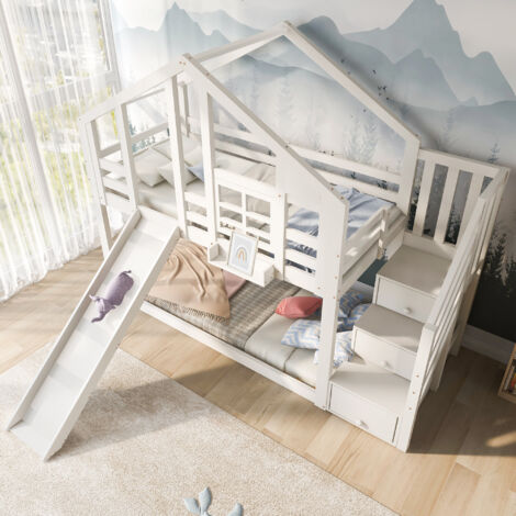 Letto a castello letto cabina per bambini 90x200 cm 2 posti con 3 cassetti e scivolo, doghe incluse, pino + MDF, bianco
