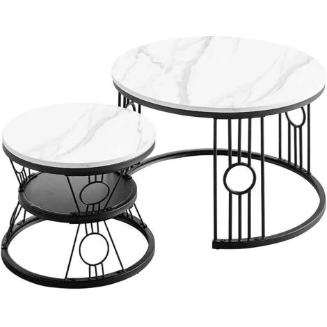 Tavolino 70x70x45cm, tavolino da caffè rotondo gigogne in placaggio di marmo, MDF, nero (1/5)