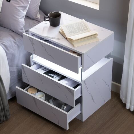 Comodino 48x38x61cm con 3 cassetti, luce LED in 3 colori, legno, bianco opaco