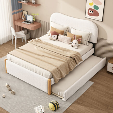 Letti con letti estraibili per adulti/bambini 140x200 cm (90x190 cm), rete a doghe, bouclé, senza materasso, bianco