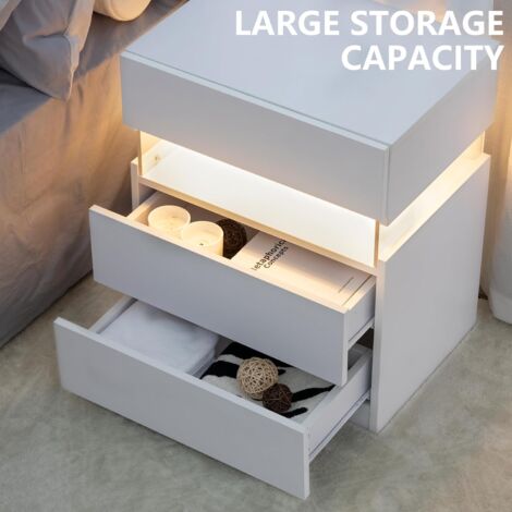 Comodino 48x38x61cm con 3 cassetti, luce LED in 3 colori, legno, bianco