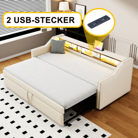 Letti estraibile 90 (180) x 190 cm singoli/matrimoniale, divano letti per bambini/adulti, comodino con vano contenitore, LED e USB, lino, senza materasso, beige