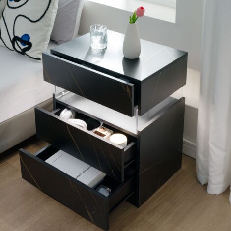 Comodino 48x38x61cm con 3 cassetti, luce LED in 3 colori, legno, nero oro