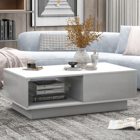Tavolini bassi fissi 95x55x32cm, tavolino salotto, 1 cassetto, LED, pannello truciolare, bianco