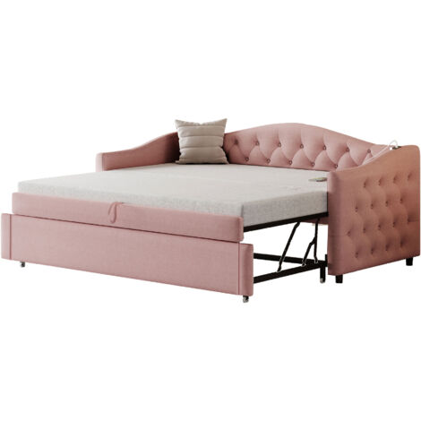 Letti singoli 90x200cm (90x190cm) con letti estraibile, divano letti per adulti, USB, lino, senza materasso, rosa