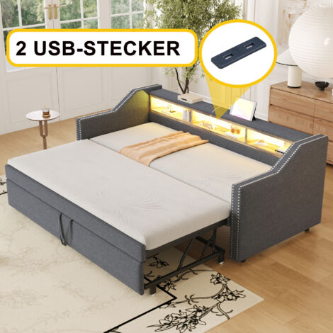 Letti estraibile 90 (180) x 190 cm singoli/matrimoniale, divano letti per bambini/adulti, comodino con vano contenitore, LED e USB, lino, senza materasso, grigio scuro