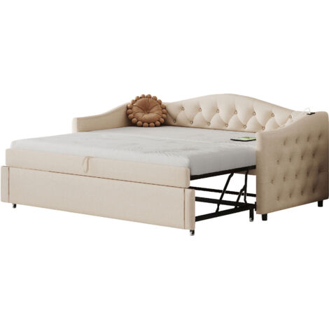 Letti singoli 90x200cm (90x190cm) con letti estraibile, divano letti per adulti, USB, lino, senza materasso, beige