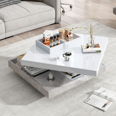 Tavolini bassi fissi 70x70x36cm, tavolino salotto, piano girevole, vani portaoggetti aperti, pannello truciolare, bianco + grigio