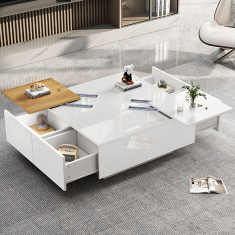 Tavolini bassi fissi 75x75x33.5cm, 4 cassetti 2 ripiani scorrevoli, tavolino salotto, portata 30kg, pannello truciolare, bianco (1/5)