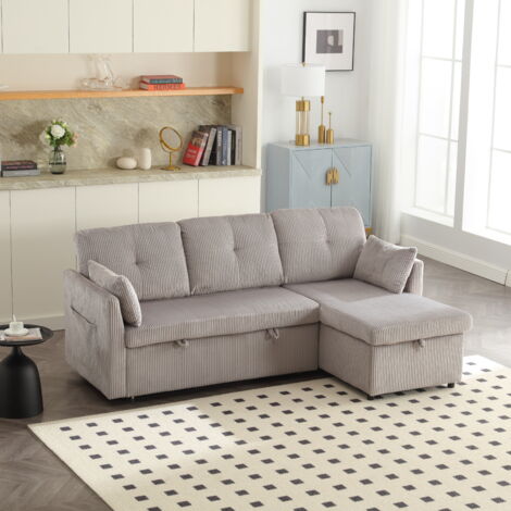 Divani angolari 206x130x66 (88) cm con 1 vano contenitore e letti estraibile, 3 posti, divani letti, velluto, grigio chiaro