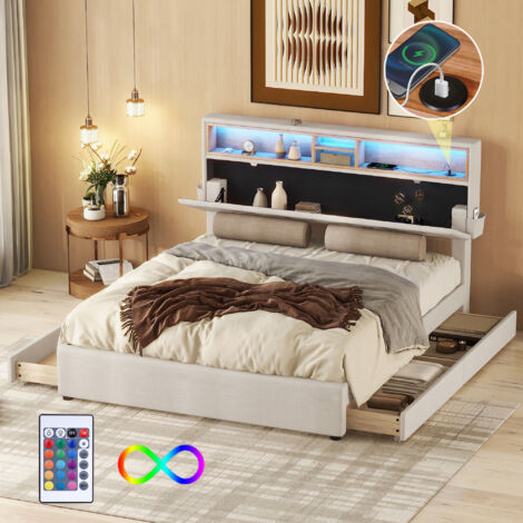 Letto matrimoniale per adulti con testiera contenitore, USB, LED, lino, senza materasso, 140x200cm, grigio e beige, con 4 cassetti (1/5)