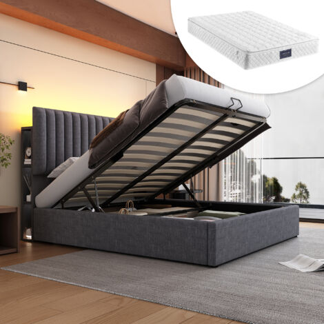 Letti contenitori letti matrimoniale per adulti, USB Typ-C e LED, lino, grigio scuro, 160x200cm, materasso incluso
