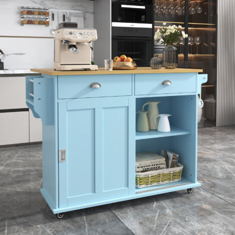 Carrelli da cucina 112x40 (70) x94 cm, carrello da pranzo, credenza, piano pieghevole, 2 ante e 2 cassetti, ripiani regolabili, blu
