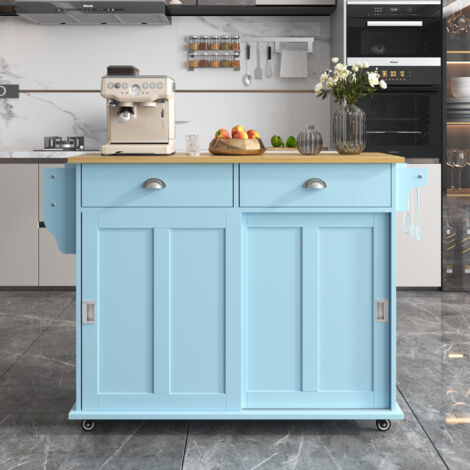 Carrelli da cucina 112x40 (70) x94 cm, carrello da pranzo, credenza, piano pieghevole, 2 ante e 2 cassetti, ripiani regolabili, blu