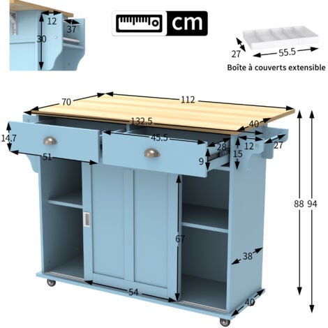 Carrelli da cucina 112x40 (70) x94 cm, carrello da pranzo, credenza, piano pieghevole, 2 ante e 2 cassetti, ripiani regolabili, blu