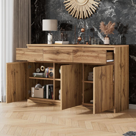 Credenza e buffet 135x40x81cm cassettiera, 3 cassetti e 3 ante, mobile da ingresso, multiuso, grande capacità di contenimento, pannello truciolare, colore legno naturale
