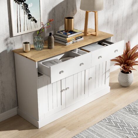 Credenze buffet madie, cassettiera, mobile cucina, 120x36x80,5cm con 2 cassetti 3 ante, pannello truciolare, bianco e naturale
