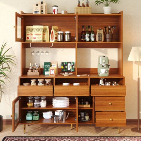Credenza e buffet 145x39x171 cm, 4 ante in vetro e 2 cassetti, porta calici, mobile alto, credenza, cassettiera, MDF, marrone