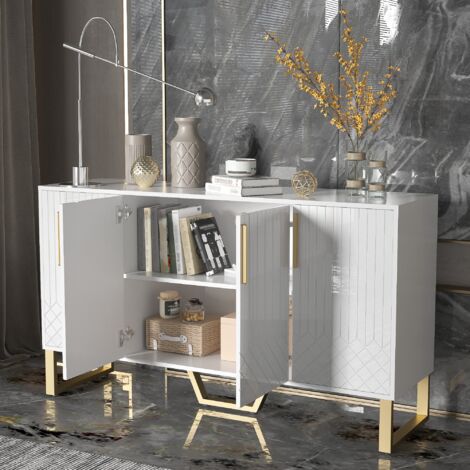 Credenza Bianca Lucida 140x40x80 Cm - 4 Ante, Maniglie E Gambe In Metallo, Design Geometrico