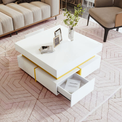 Tavolini bassi fissi 70x70x35,5cm, tavolino rettangolare, tavolino salotto, 2 cassetti, decorazione oro, pannello di particelle, bianco