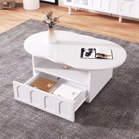 Tavolini bassi fissi 100x60x39,2 cm, forma di nuvola, tavolino da caffè, tavolino salotto, 1 cassetto, pannello di particelle, bianco (1/5)