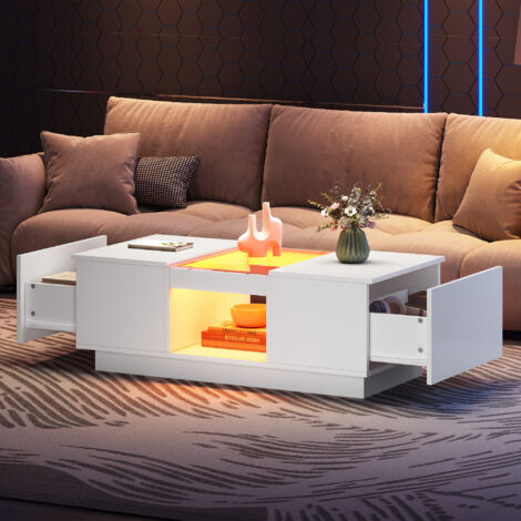 Tavolini bassi fissi 100x50x35,5cm, tavolino da caffè, tavolino salotto, 2 cassetti e 1 vano aperto, LED, pannello truciolare e vetro, bianco