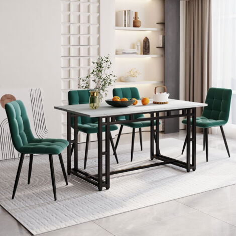 Set tavolo e sedie da cucina (set da 5 pezzi), 1 tavolo da pranzo e 4 sedie, MDF, Stile J - 140x80x74 cm tavolo e sedia verde scuro in velluto