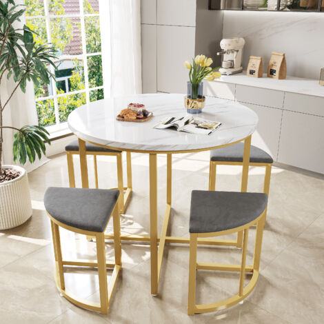 Set tavolo e sedie (5pz) Tavolo da pranzo rotondo, piano in MDF e struttura dorata, moderno, velluto, bianco - 4 sedie grigie