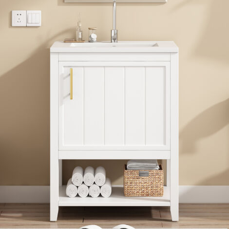 MODFU Mobili per lavabo da 60 cm, mobile sottolavello bagno con lavabo in ceramica e 1 anta, bianco (1/5)