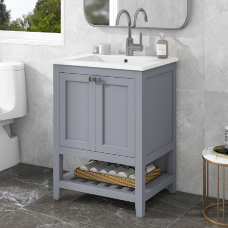 MODFU Mobili per lavabo, mobile sottolavello bagno con lavabo in ceramica e 2 ante, grigio (1/5)