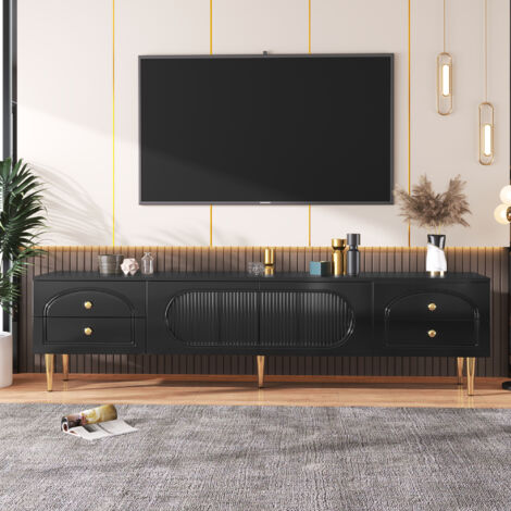 Mobile TV MSMOK Con Ante Strutturate E Cassetto | Piedini E Maniglie Dorate, Lowboard Elegante Grigio-nero