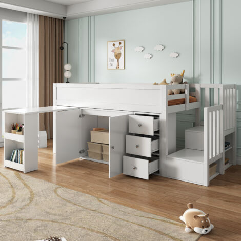 Letti a soppalco per bambini, letti singolo 90x200cm con scrivania estraibile, con armadio/cassetto/vano contenitore, MDF, senza materasso, bianco