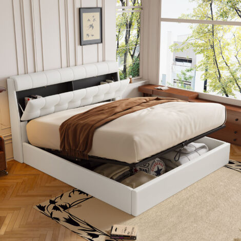 MODFU Letti contenitore, letti matrimoniale per adulti con testiera contenitore, rete a doghe, PU, senza materasso - bianco, 160x200cm (1/5)