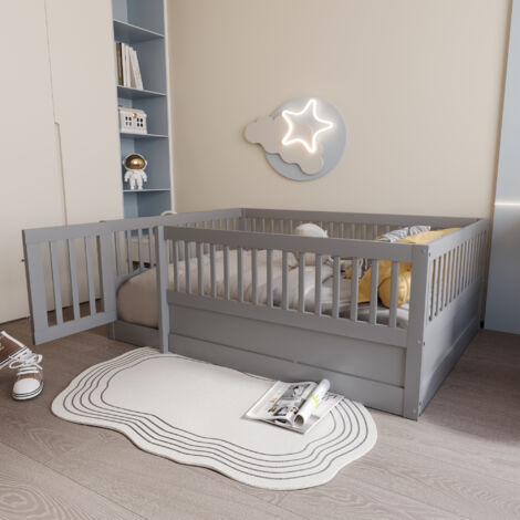 MODFU Letti singoli per bambini 140x200cm, con recinzione e porta, struttura in legno, senza materasso, grigio