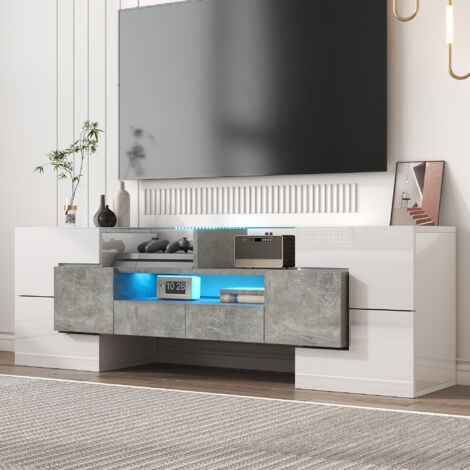 Mobile TV con 2 cassetti e 4 ante, adatto per TV da 59'', LED, ripiano in vetro, 145x30x51cm, portata 60KG, pannello truciolare, nero/grigio chiaro (1/5)
