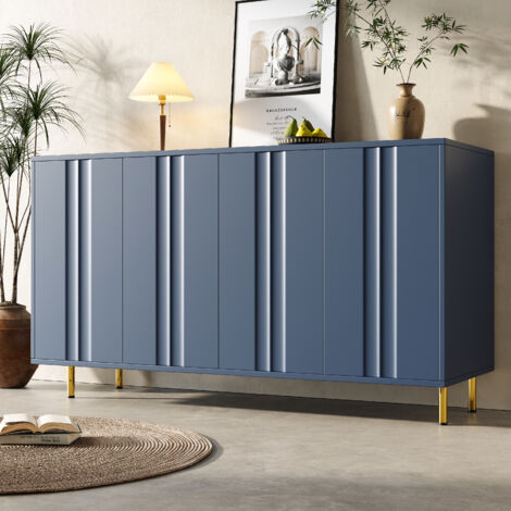 Credenza 140x40x85,9 Cm In MDF E Metallo - Mobile Buffet Con Ante A Scatto E Gambe Metalliche, Bianco E Blu Scuro