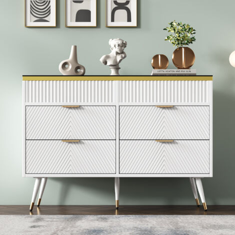 MODFU Credenze e buffet, cassettiera con 6 cassetti, vetro ambra, mobile contenitore, camera da letto/sala da pranzo/soggiorno - 120x40x76cm, bianco (1/5)