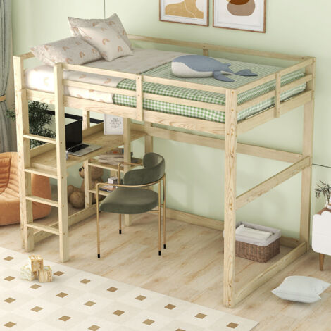MODFU Letti a soppalco 140x200cm letti singolo per bambini con scrivania e ripiano portaoggetti, senza materasso, legno, naturale