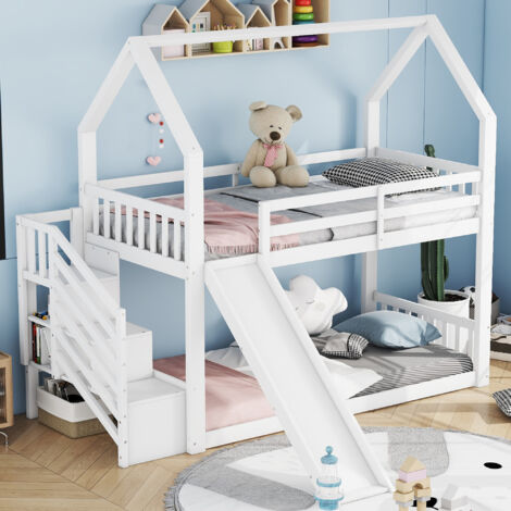 Letto A Castello Con Scivolo Per Bambini | 90x200cm E 140x200cm | In Pino E MDF Bianco - Foto 5