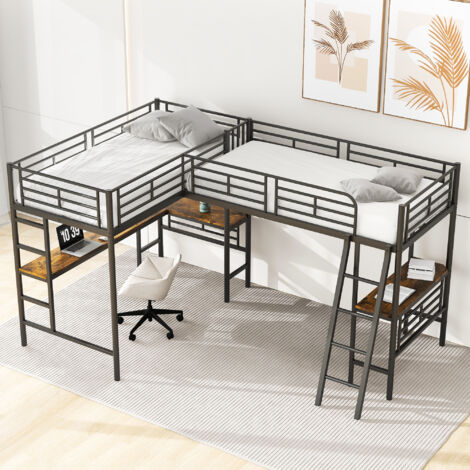 MODFU Letti a soppalco 90x200cm letti matrimoniale adulto/bambino, 2 letti, con scrivania, MDF e metallo, senza materasso, nero