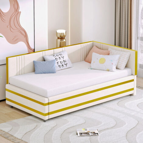 Letto singolo 90x200 cm con rete a doghe, finitura oro, tessuto in velluto delicato sulla pelle, senza materasso, beige