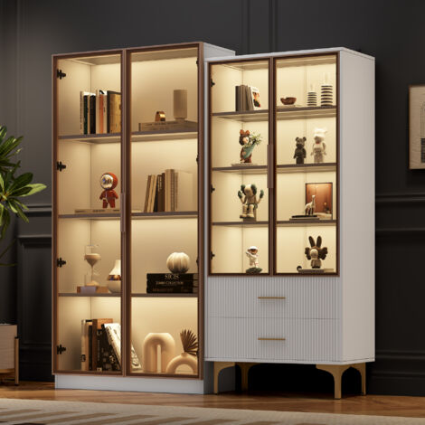 Set mobili soggiorno (80x40x160cm + 70x75x150cm) vetrina con 2 cassetti, cassettiera, ripiani regolabili, LED, credenza, mobile alto, bianco