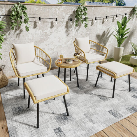 Set tavolo e sedie da giardino (1 tavolo 46x46x48,5 cm + 2 poltrone + 2 sgabelli) con cuscini, design rattan, bianco/naturale