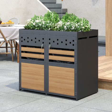 Copribidoni dei rifiuti 132x80x120cm con tetto vegetale, porta in legno con fori di ventilazione, metallo, grigio/naturale, adatta per 2 pattumiere da 120-240 litri