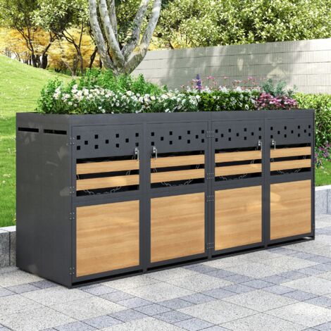 Copribidoni dei rifiuti 264x80x125cm con tetto vegetale, porta in legno con fori di ventilazione, metallo, grigio/naturale, adatta per 4 pattumiere da 120-240 litri