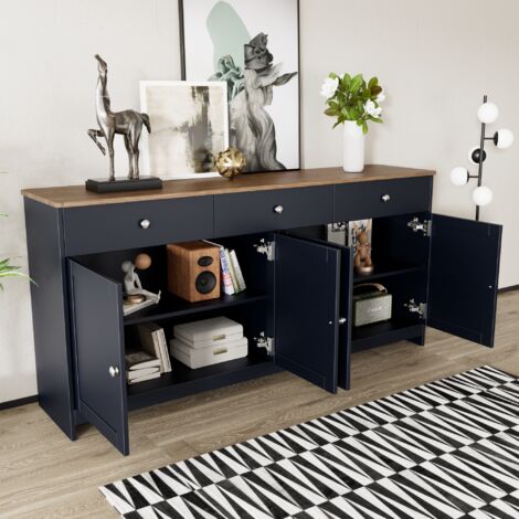 Credenze buffet madie, cassettiera, mobile cucina, 160x37x75cm con 3 cassetti 4 ante, MDF, nero e marrone