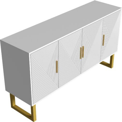 Credenza, buffet e madie 150x40x82cm con 4 ante, mobile cucina , maniglie e gambe dorate, ripiani regolabili in altezza, MDF e truciolare, bianco