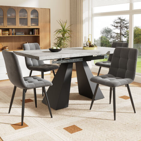 Set tavolo e sedie (1 tavolo da pranzo 160x80x75cm + 4 sedie in velluto) Tavolo allungabile, gambe nere, MDF e metallo, grigio